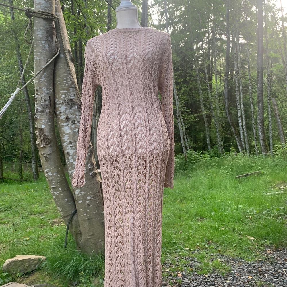 FASHION NOVA UNIQUE boho Beige crochet long sleeve maxi dress 1X